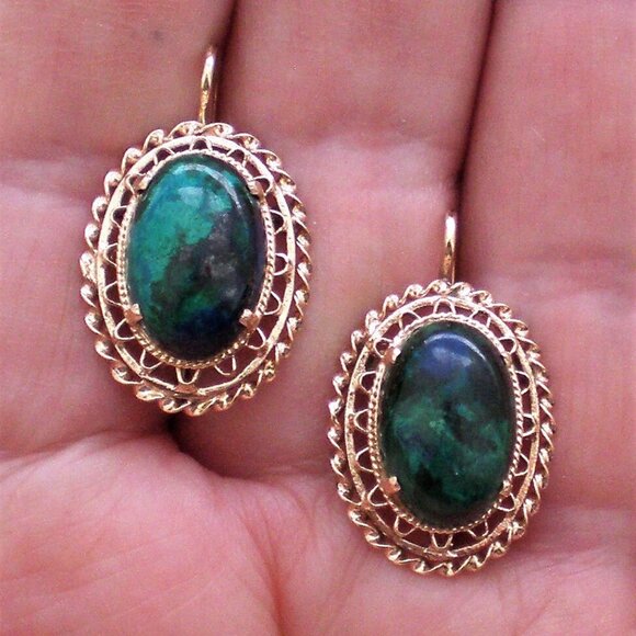 Vintage 14K 585 Yellow Gold Azurite Malachite Eilat Stone Dangle Drop Earrings
